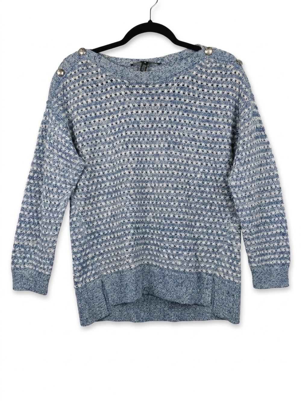 WHBM Knit Open Stitch Shimmer Indigo Sweater with Button Detail Sz M-Preppy
